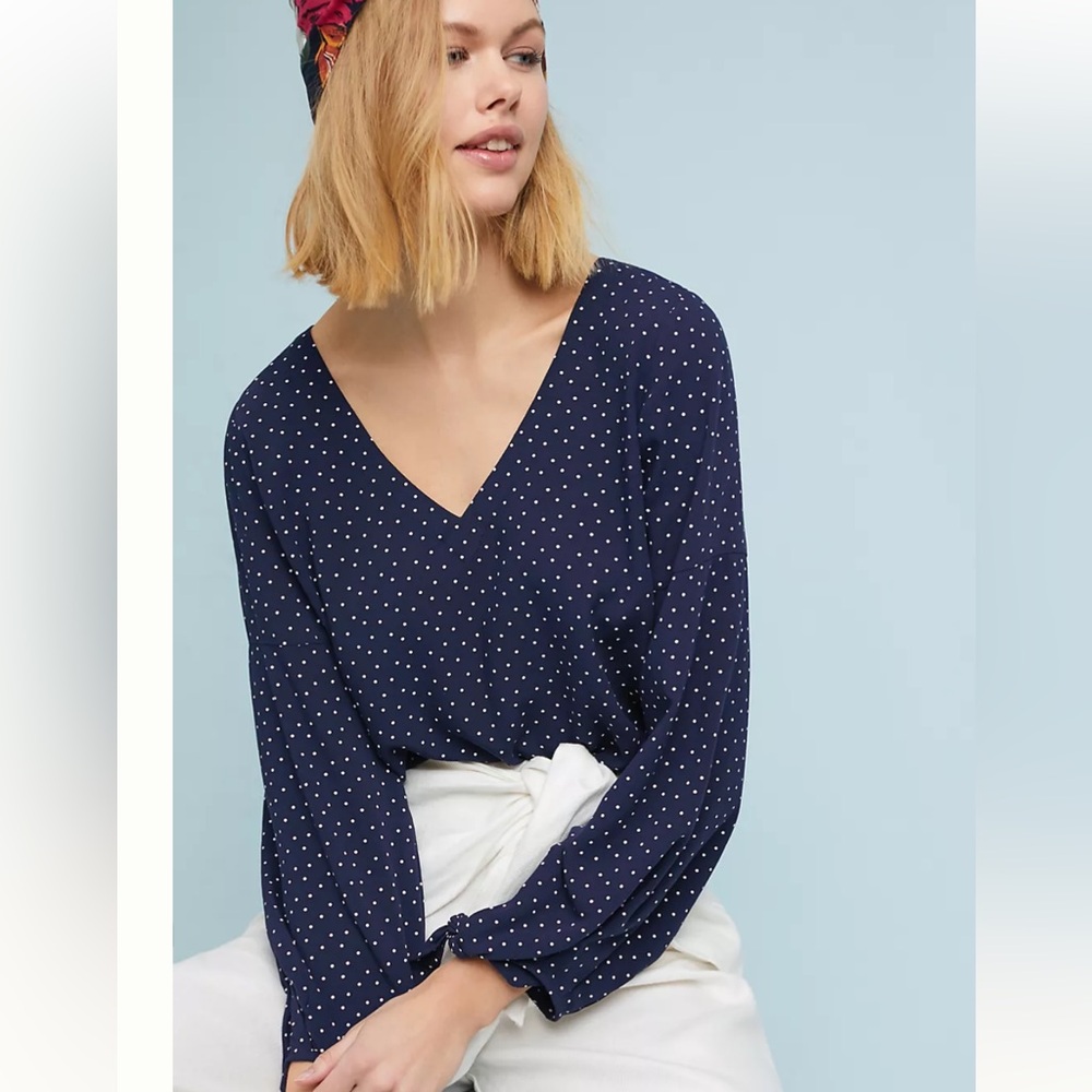 Anthropologie Maeve Navy White Polka Dot Blouse tie wrist size XS